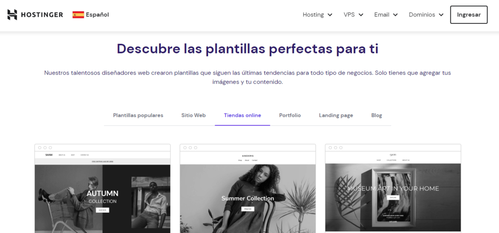 Plantillas del creador de páginas web de Hostinger