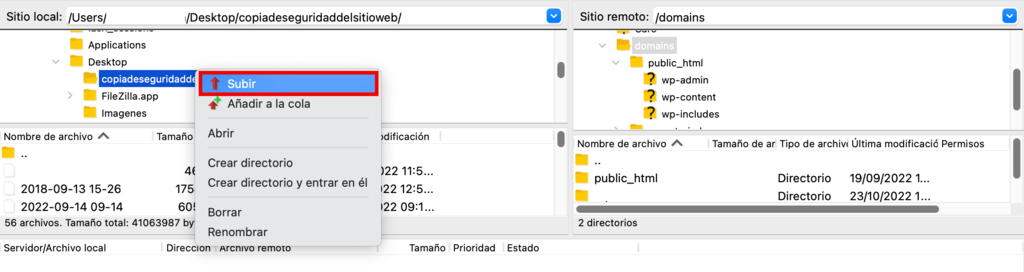 Opción de subir en FileZilla
