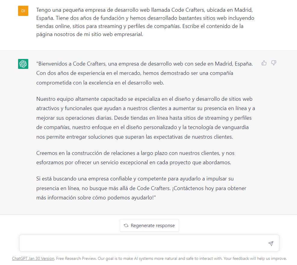 Ejemplo de contenido creado por ChatGTP para una página web