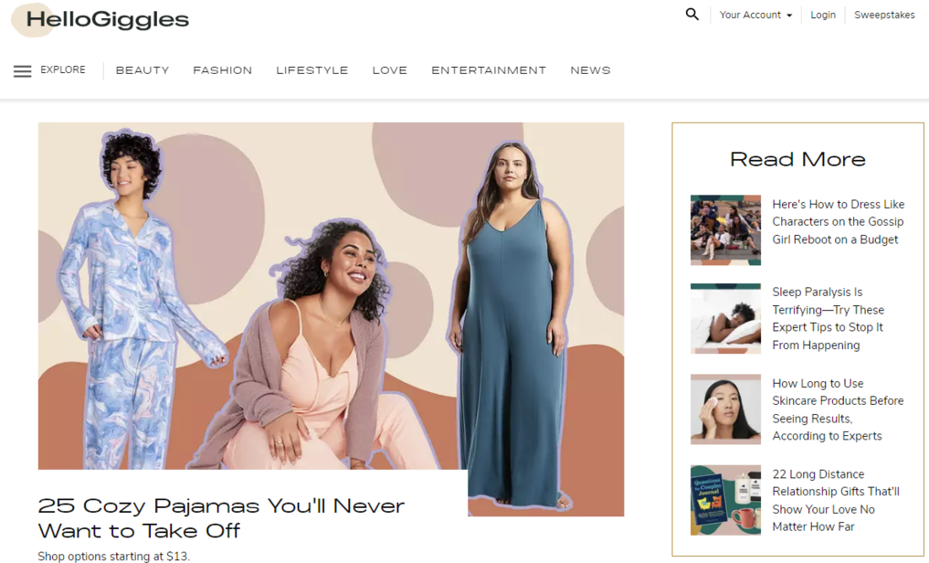 Página de inicio de HelloGiggles