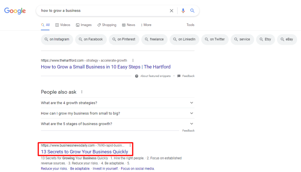 Business News Daily en el primer lugar para la palabra clave "how to grow a business" en Google.