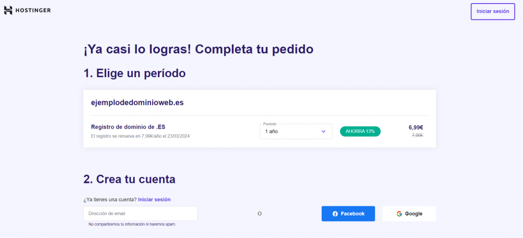 Pasos 1 y 2 para comprar un nombre de dominio en Hostinger