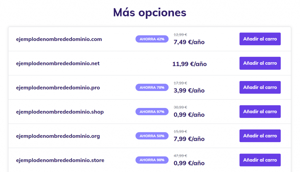 Opciones alternativas de un dominio en Hostinger
