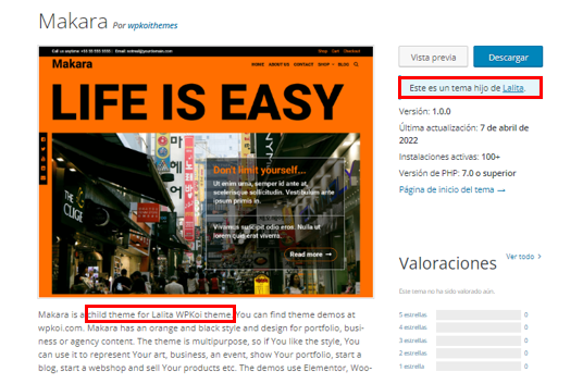 Visualización de un tema hijo en la página de descarga de WordPress