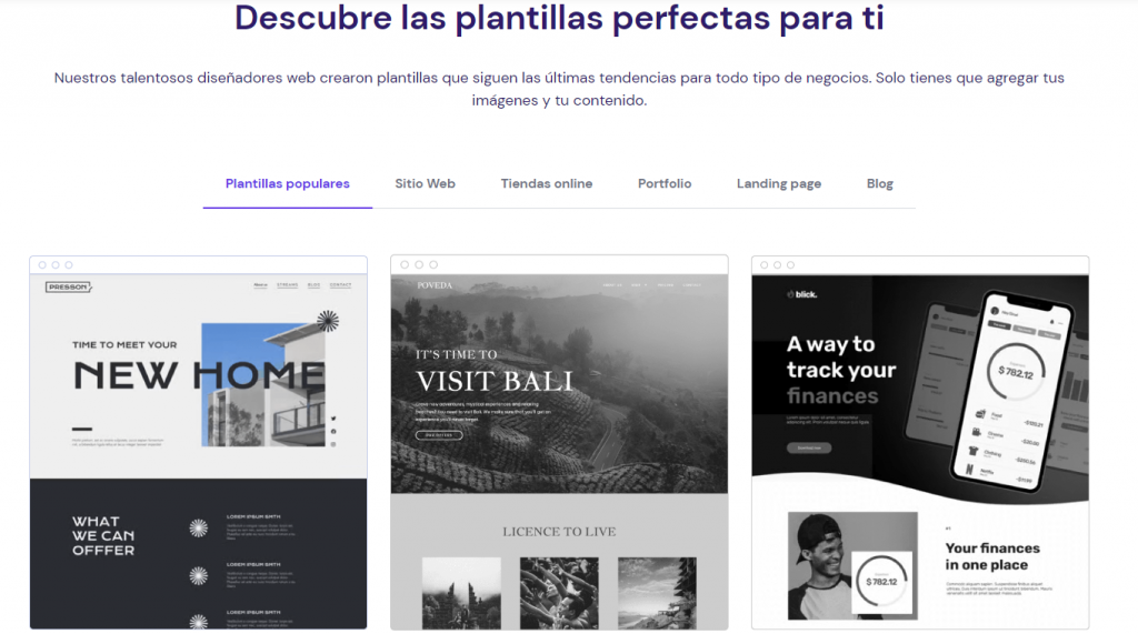 Sección de plantillas del sitio web de Hostinger