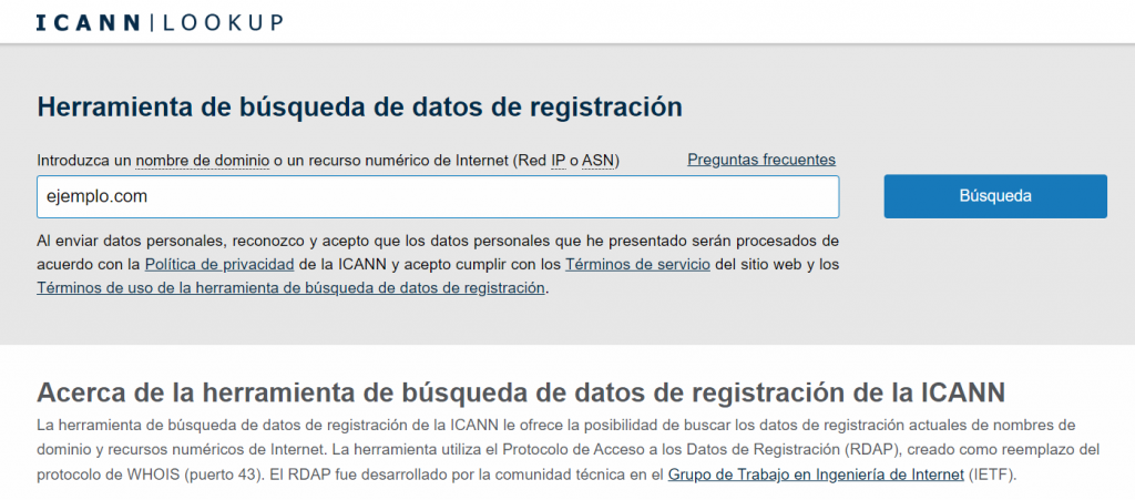 Herramienta de búsqueda de datos de registración de la ICANN
