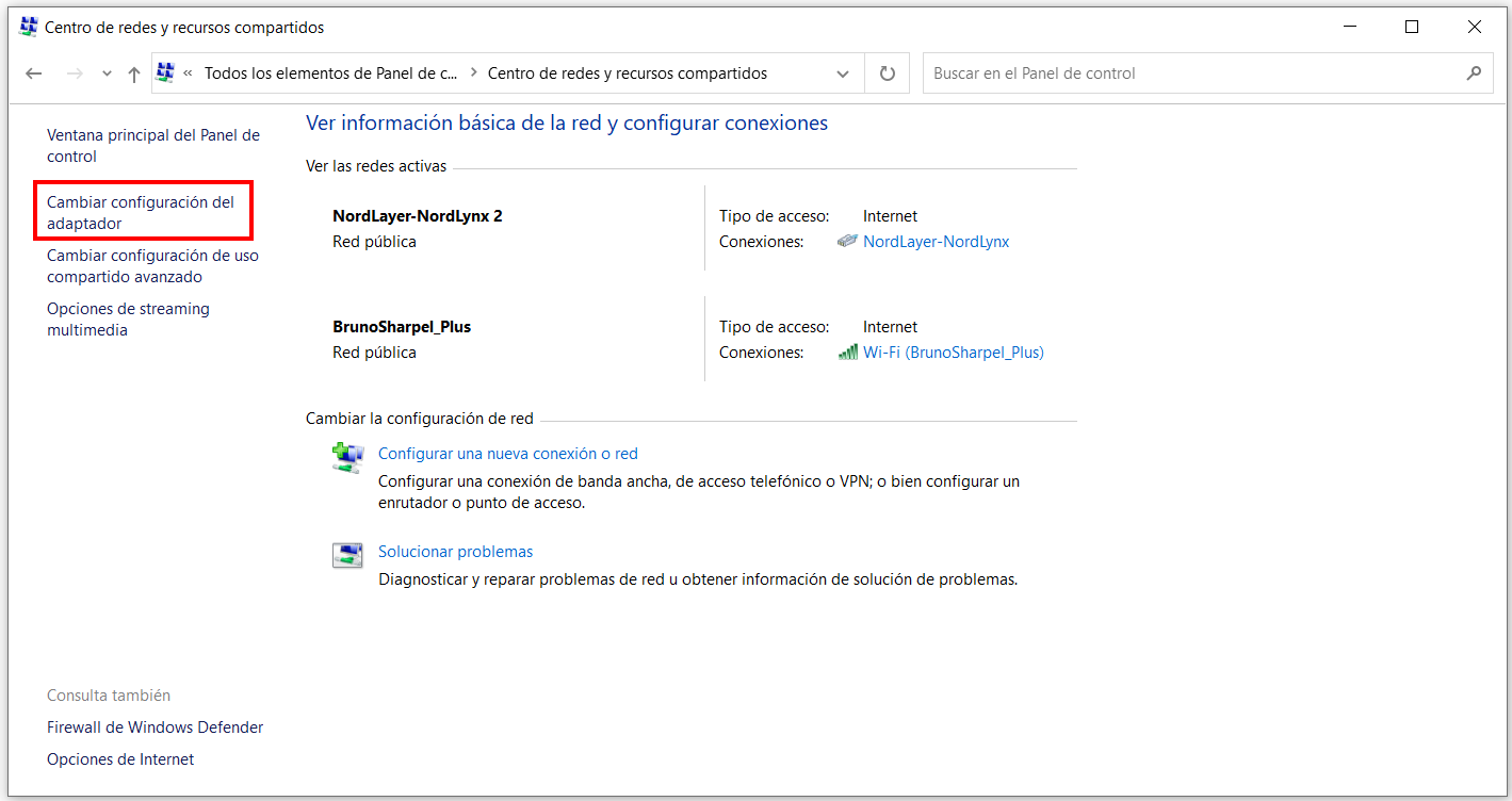 Centro de redes y recursos compartidos de Windows