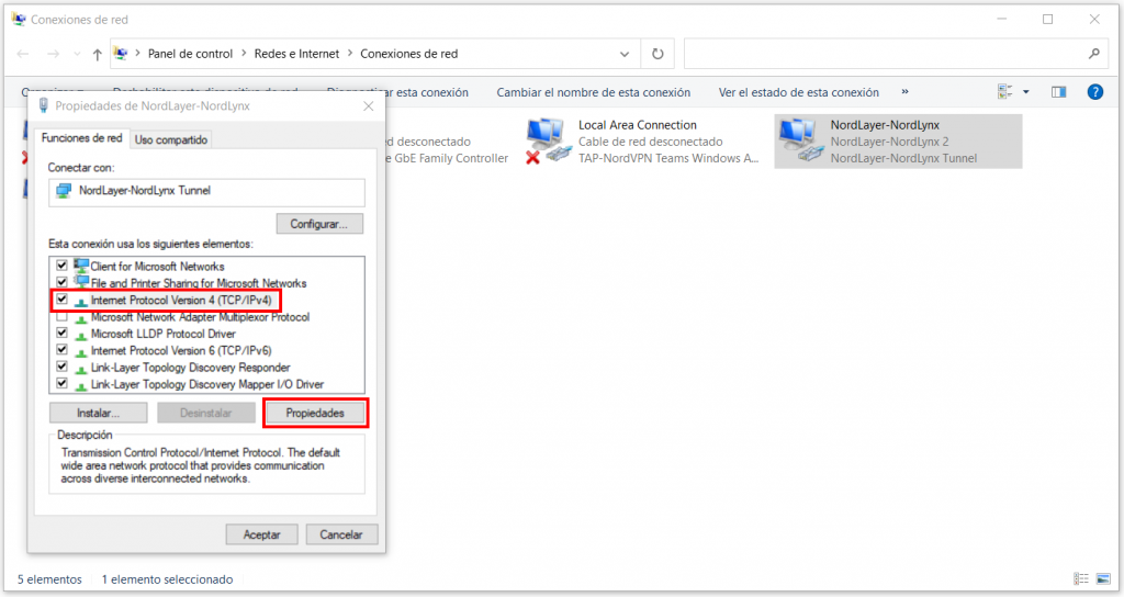 Propiedades de la red utilizada en Windows