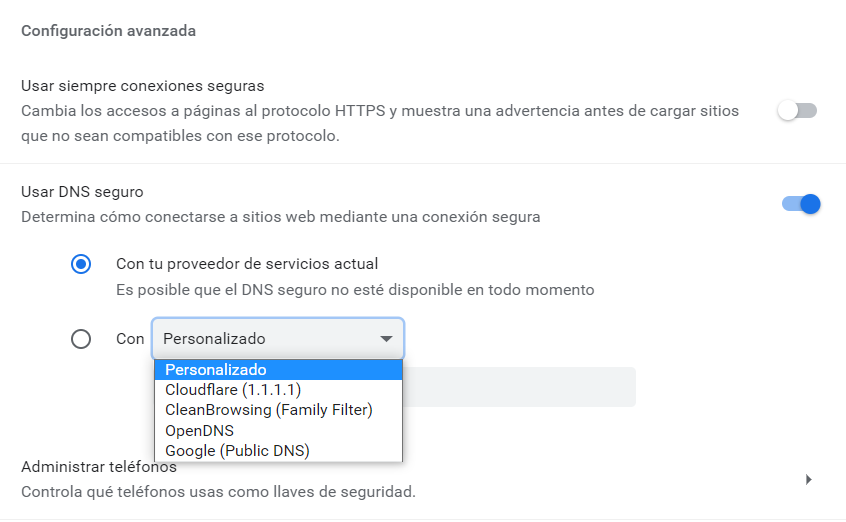 Sección de seguridad de Google Chrome