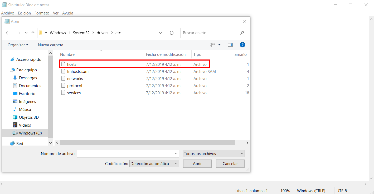 Sección Abrir del bloc de notas de Windows