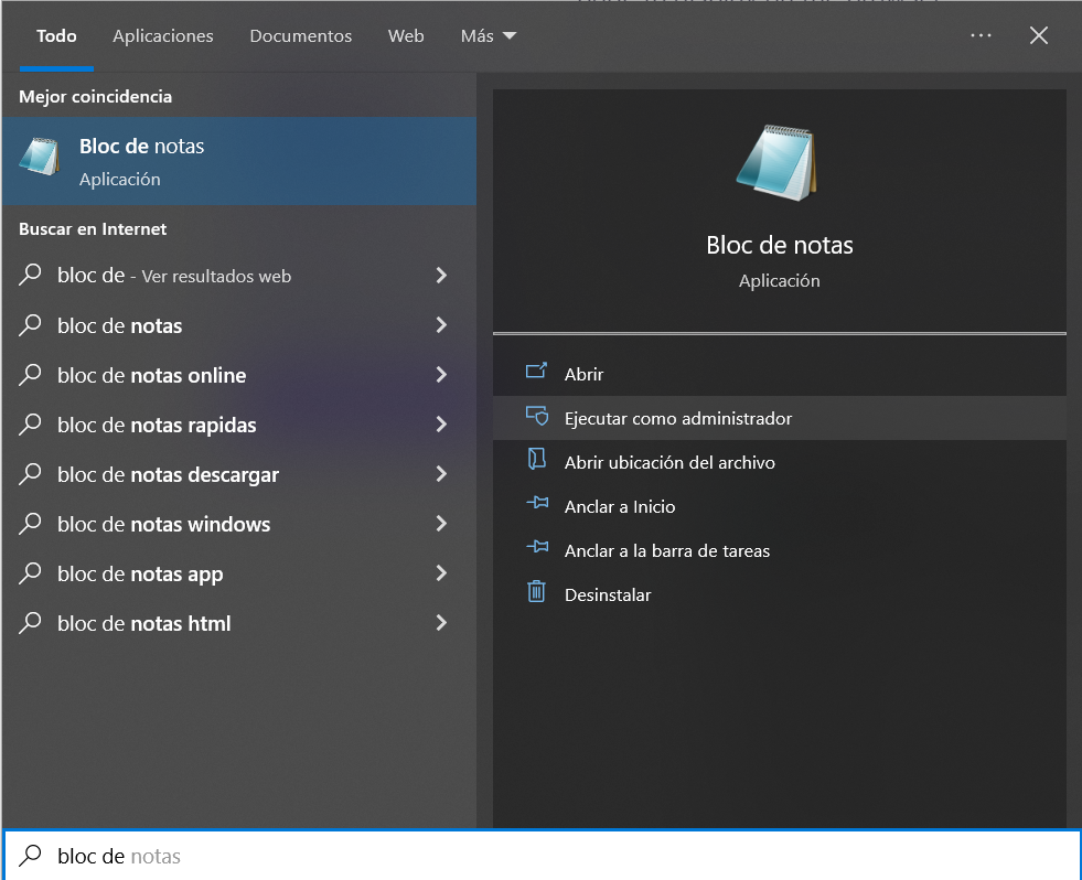 Bloc de notas en el escritorio de Windows