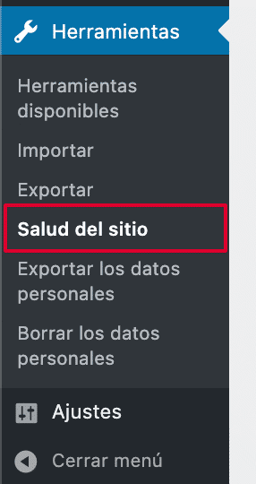 Menú de Herramientas del panel de control de WordPress