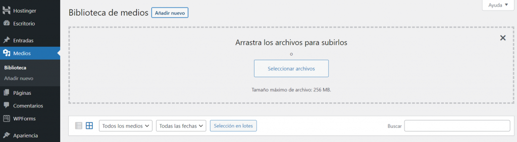Opción medios dentro del escritorio de WordPress