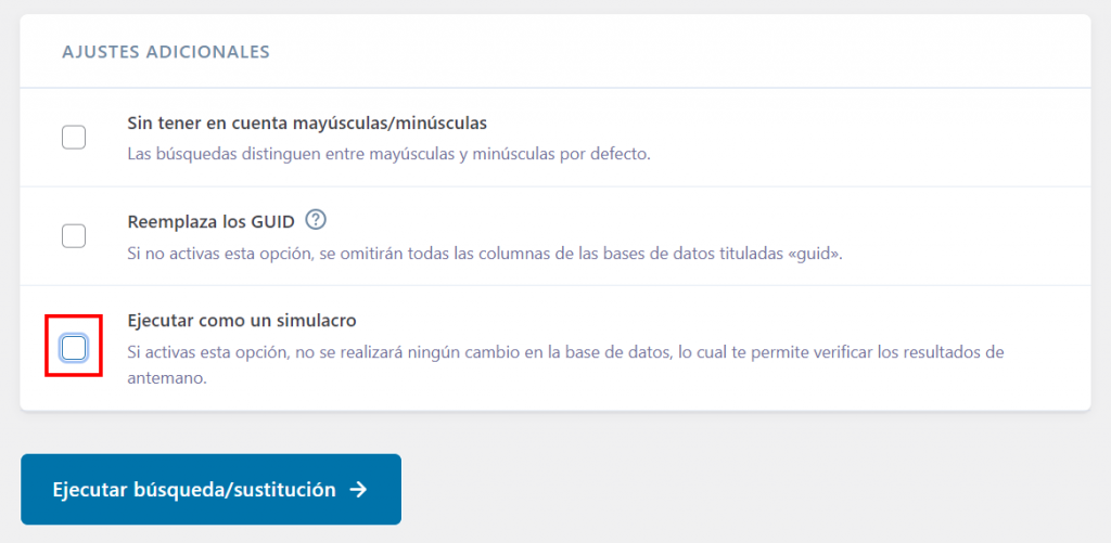 Visualización de la casilla de Ejecutar como prueba