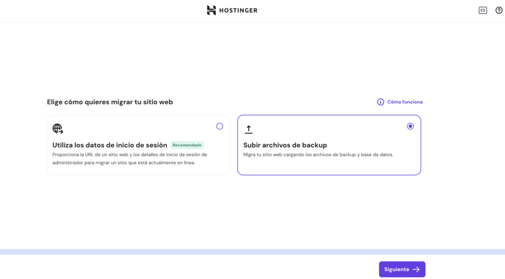 Opciones de migración de Hostinger