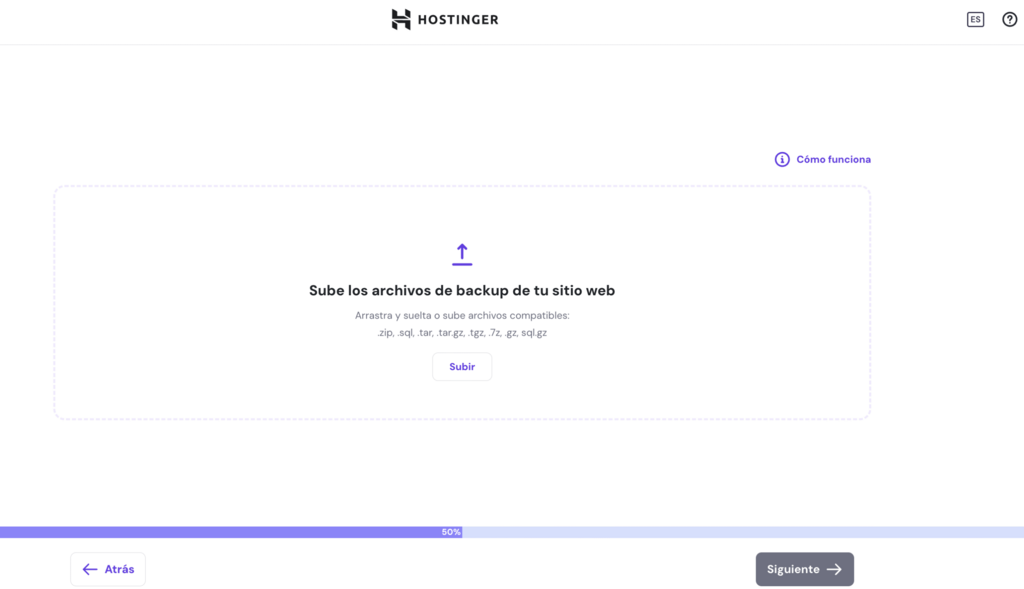 Paso de subir archivos en migración de hPanel