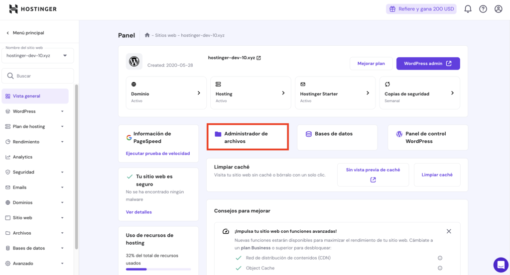 Opción Administrador de archivos de hPanel