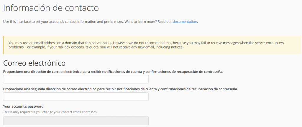 Sección Información de contacto de cPanel