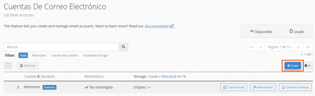 Sección de correos electrónicos de cPanel