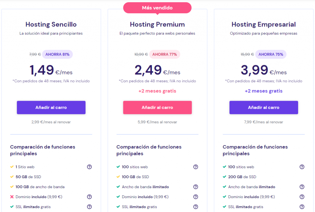 Comparar planes de alojamiento de Hostinger