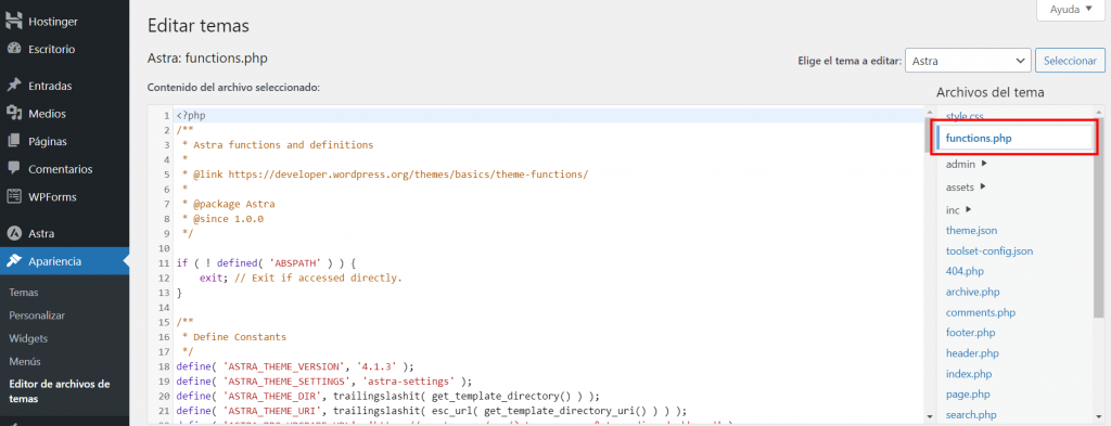 Archivo Functions.php del tema de WordPress