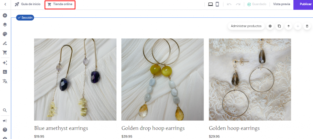 Botón Tienda online en el creador de páginas web de Hostinger