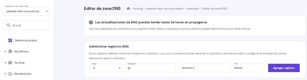 Administrar registros DNS en hPanel