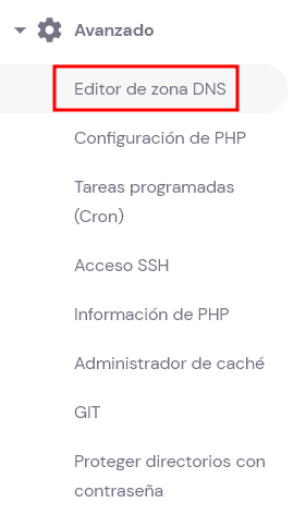 Opción de Editor de zona DNS en Hpanel