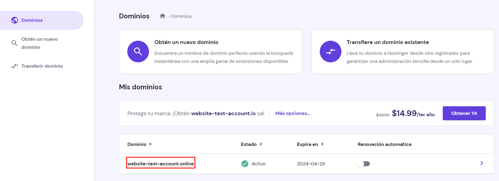 Sección de dominios de hPanel
