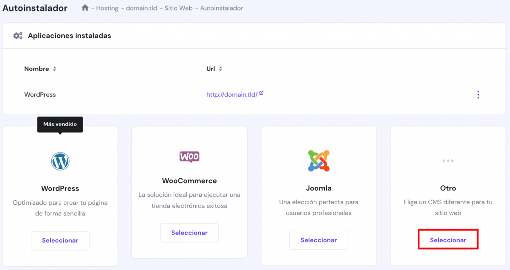 Sección Auto Instalador de hPanel