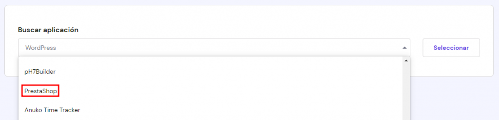 Sección Buscar aplicación de hPanel