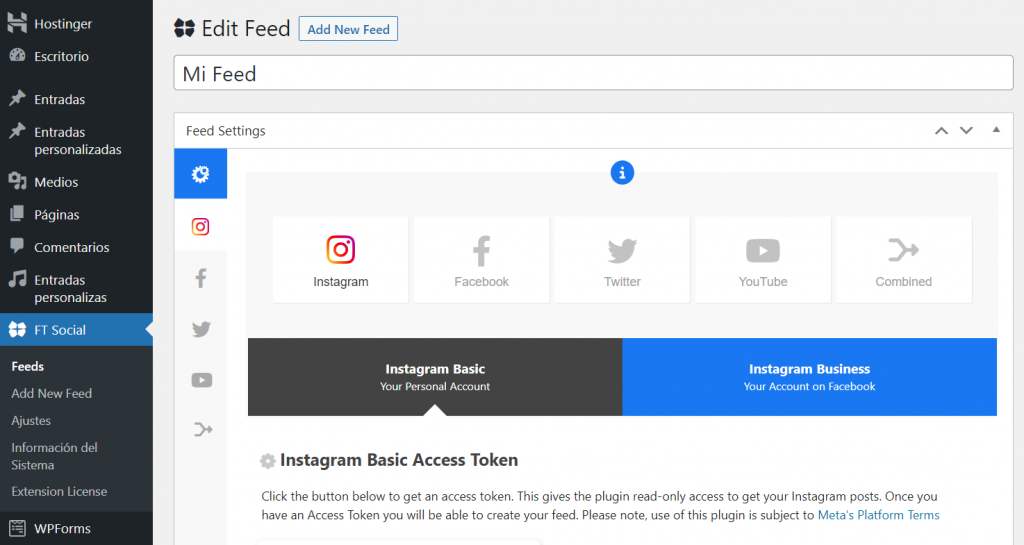Editar Feed Them Social en WordPress