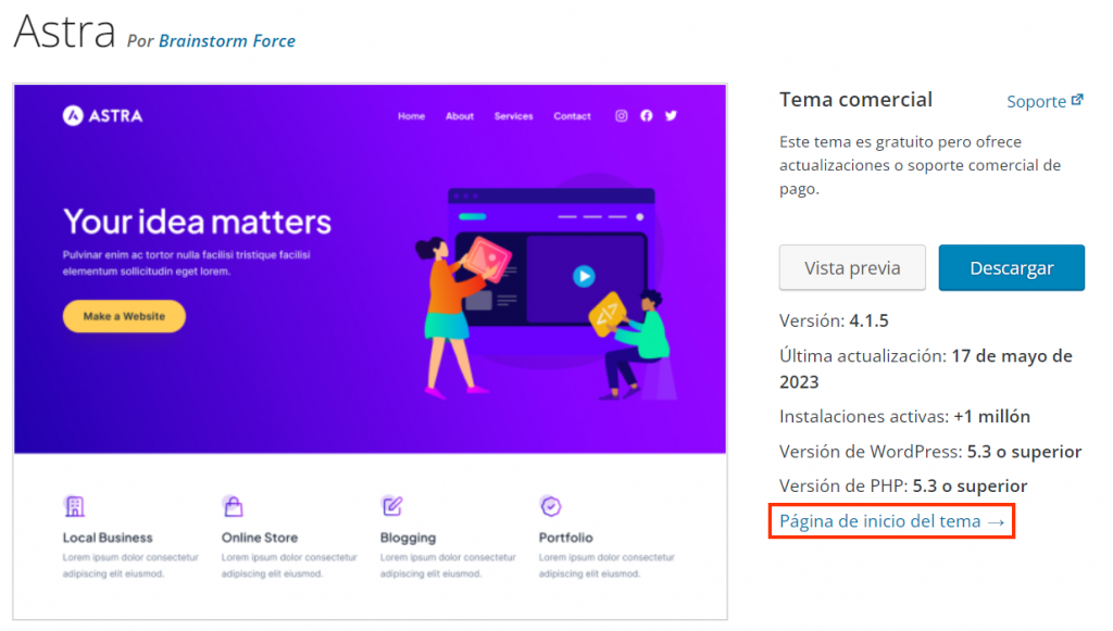 Ir a la página de inicio del tema desde la página de WordPress del tema.