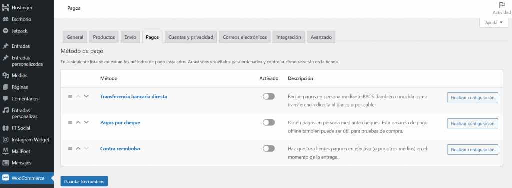Métodos de pago en WooCommerce