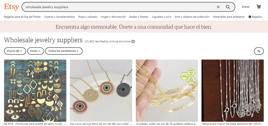 Página de proveedores de joyería en Etsy