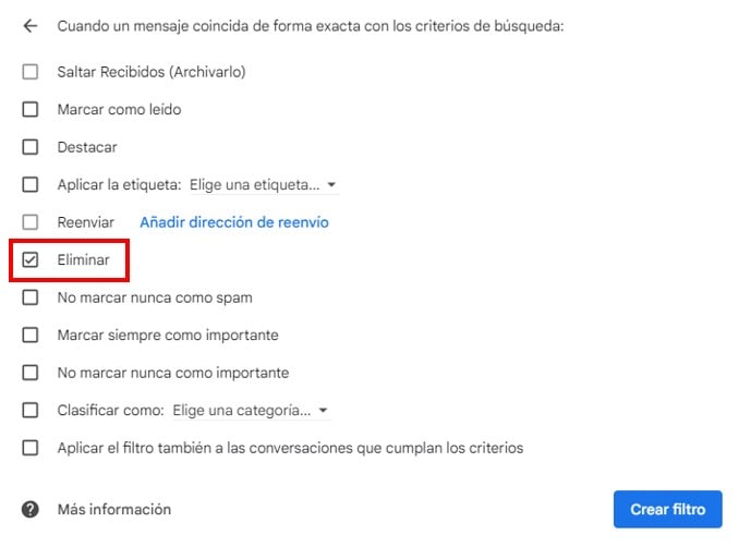 Creación de un filtro en gmail