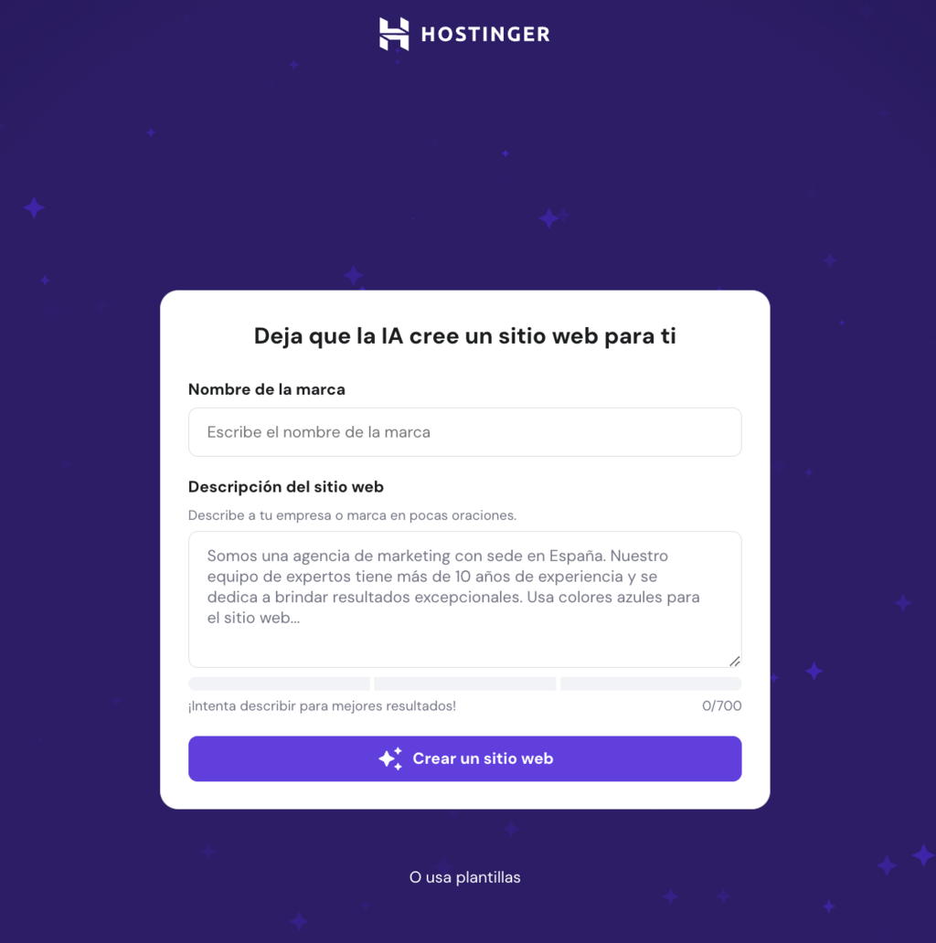 Asistente de creación web de hPanel