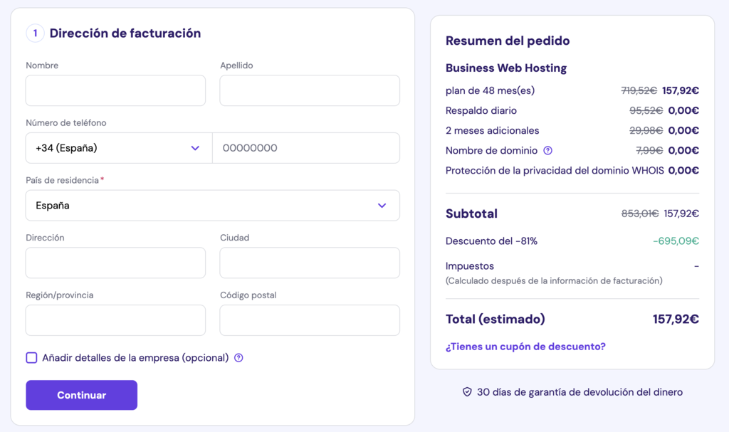 Detalles de facturación de compra en Hostinger