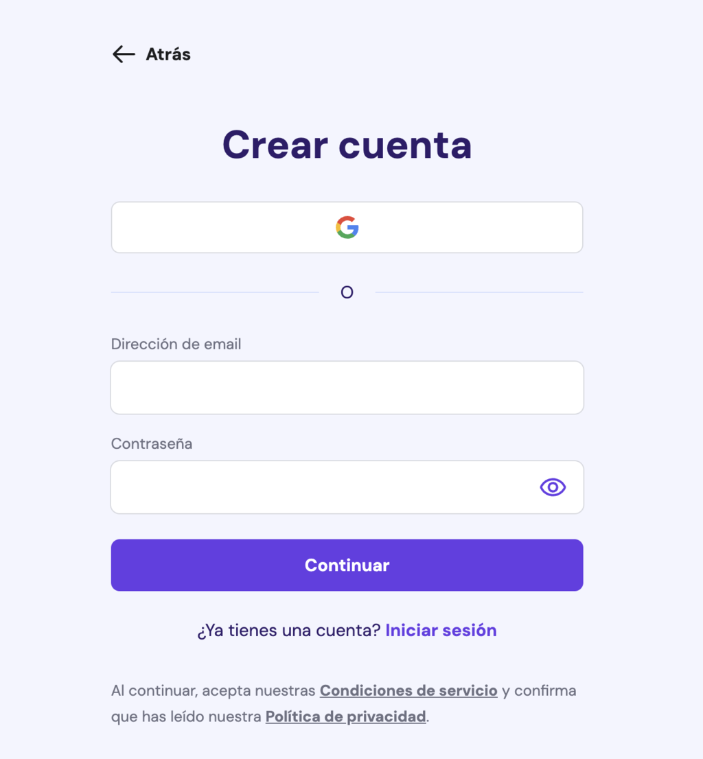 Crear cuenta o iniciar sesión en Hostinger