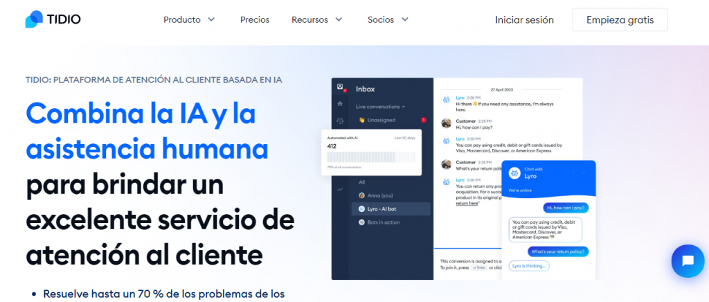 Página de inicio de Tidio