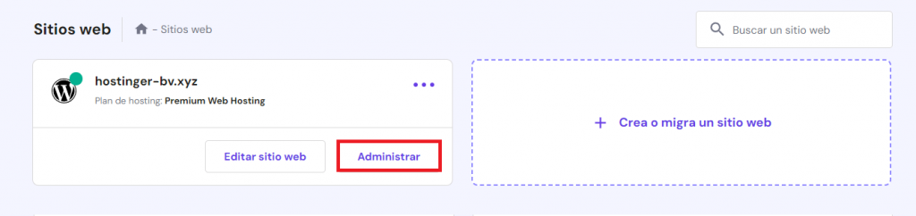 Sección de sitios web en hPanel