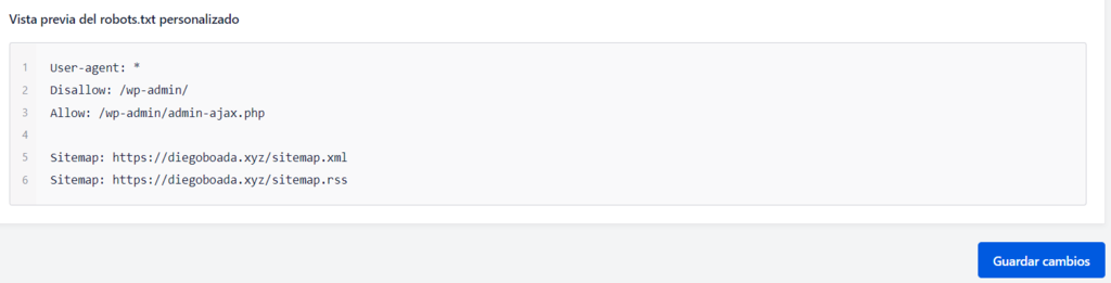 Vista previa de robots txt creado en AIOSEO
