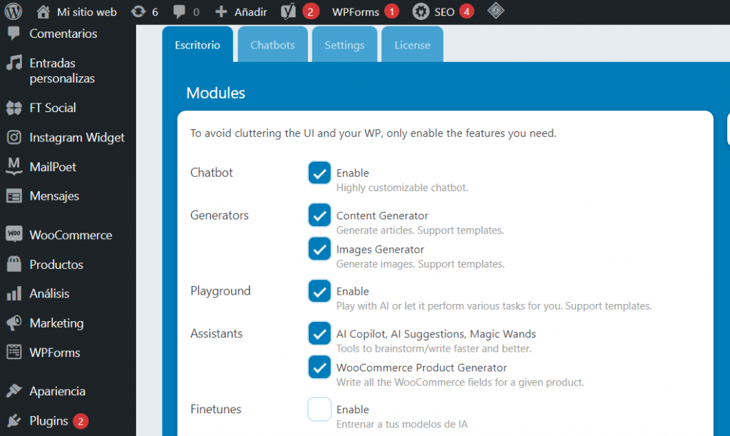 Plugin AI Engine de WordPress