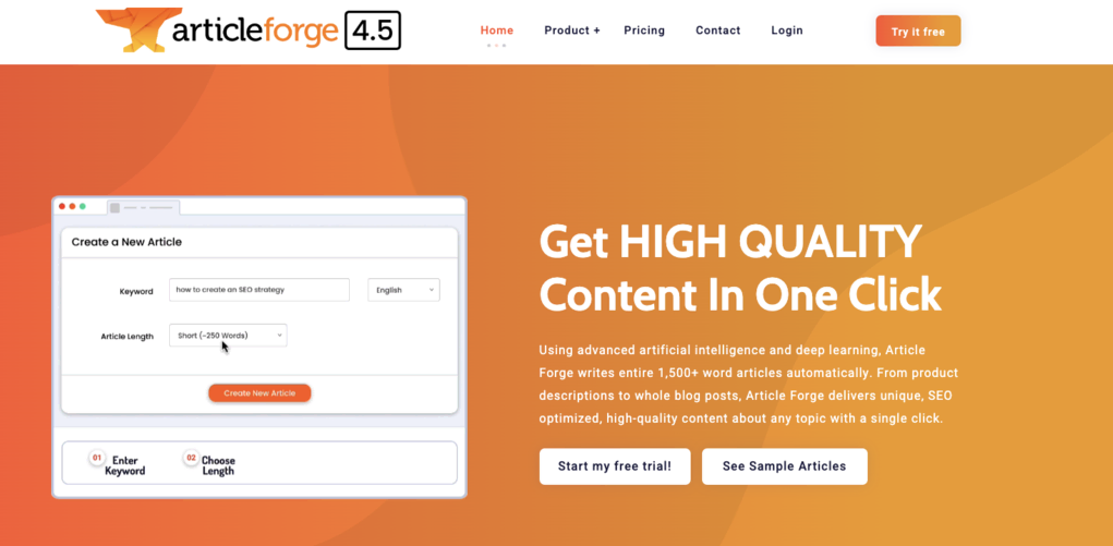 Landing page de la herramienta Article Forge