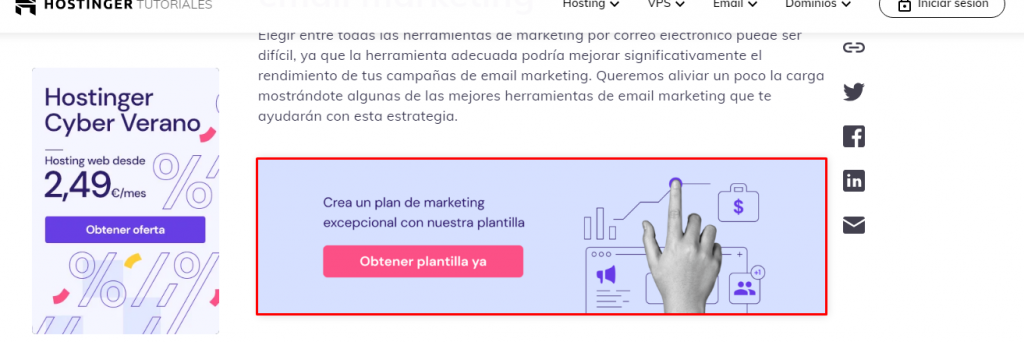 Lead magnet en una entrada de blog de Hostinger