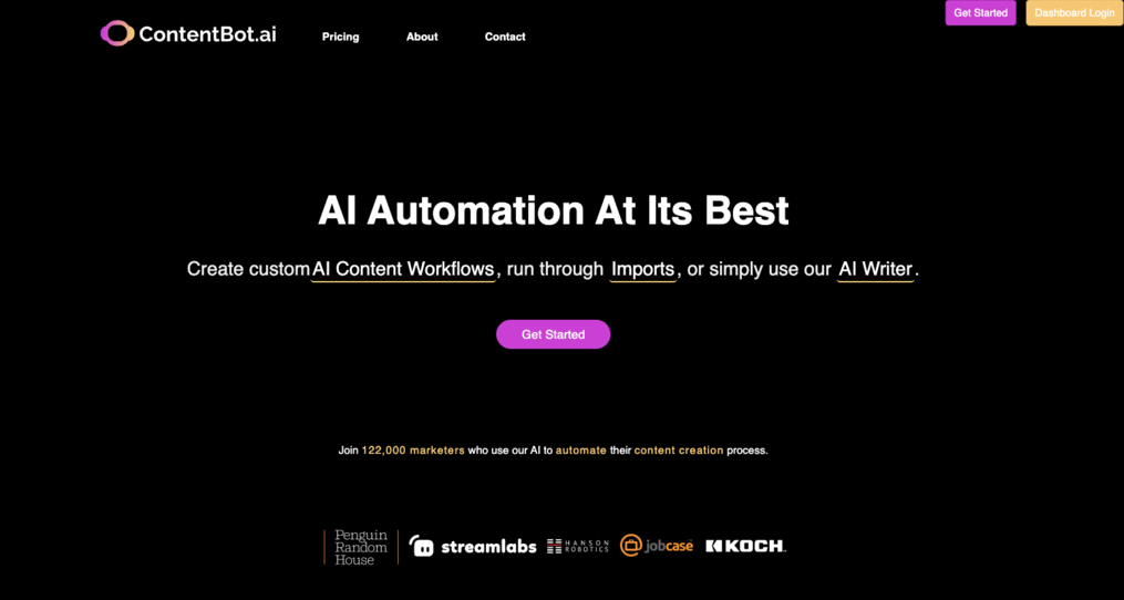 Página de inicio de ContentBot