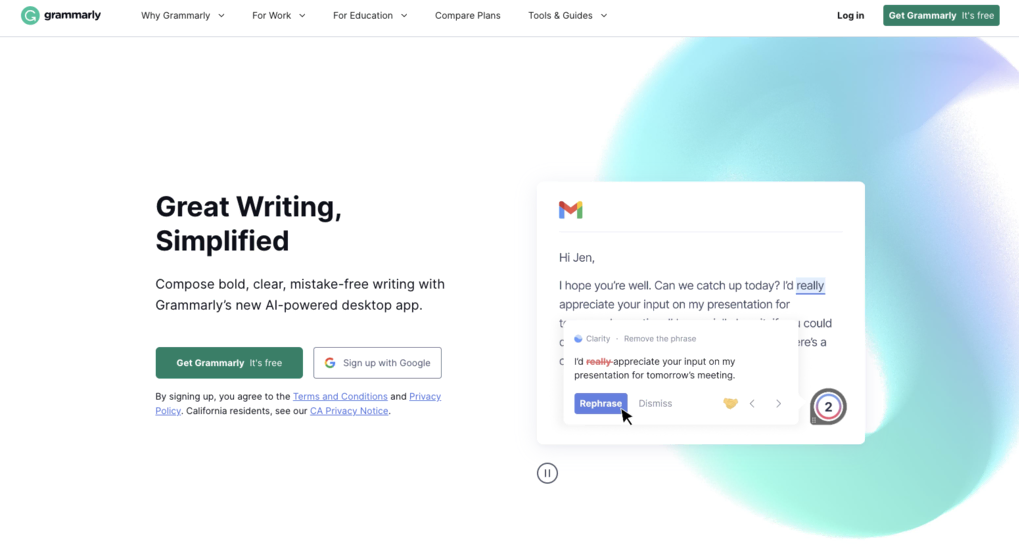 Página de inicio de la herramienta impulsada por IA Grammarly