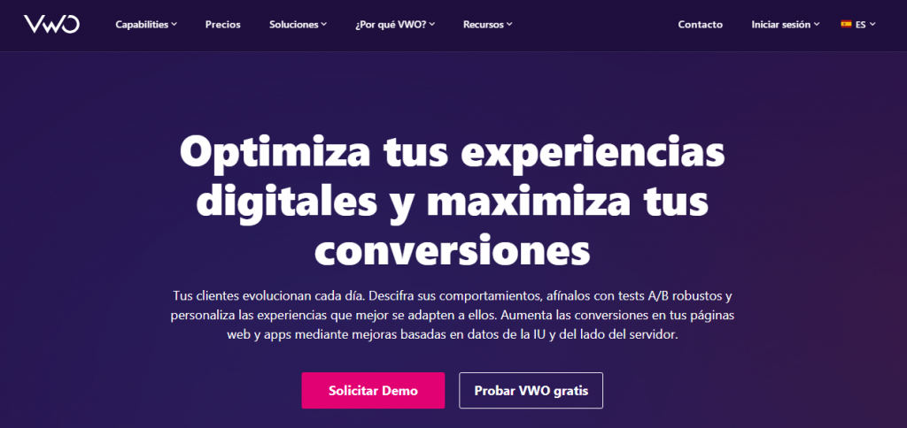Página de la herramienta para programar con inteligencia artificial VWO