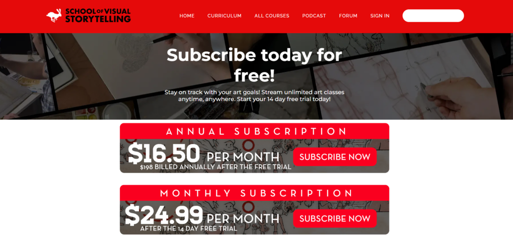 Precios de suscripción de School of Visual Storytelling