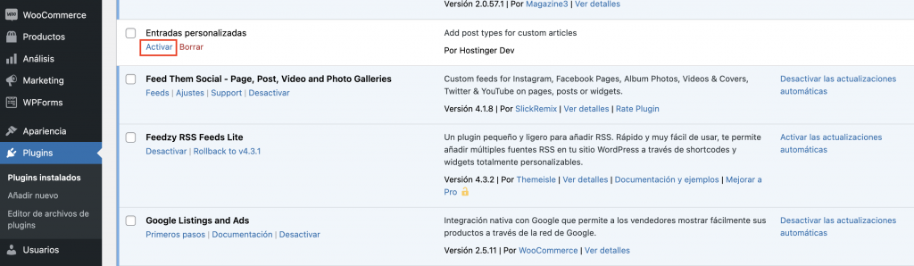 Sección de plugins de WordPress